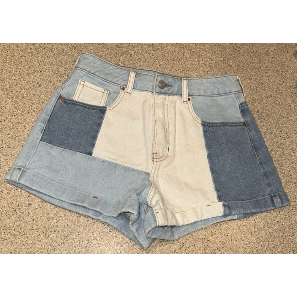 Y2K Patchwk Denim Mom Shorts High Waist 2” Inseam Cuff Pacsun Western Sz 27/6
